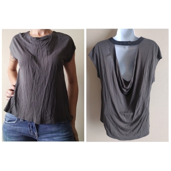 BCBGMaxAzria Tops - Window Back Slouchy Gray Tee, Faux Leather Neck Strap